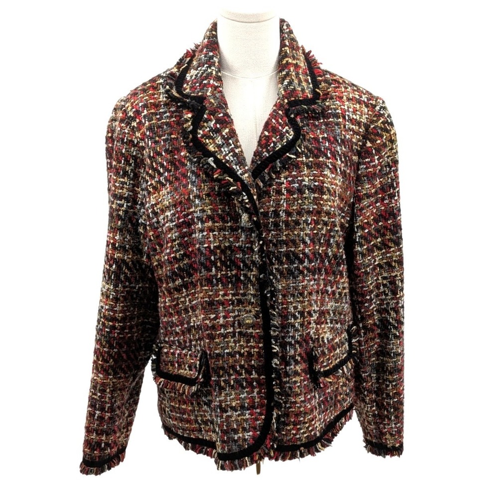 Tweed Blazer Jacket Multicolor Fringe Trim Piped Academia New Fashion Size 12